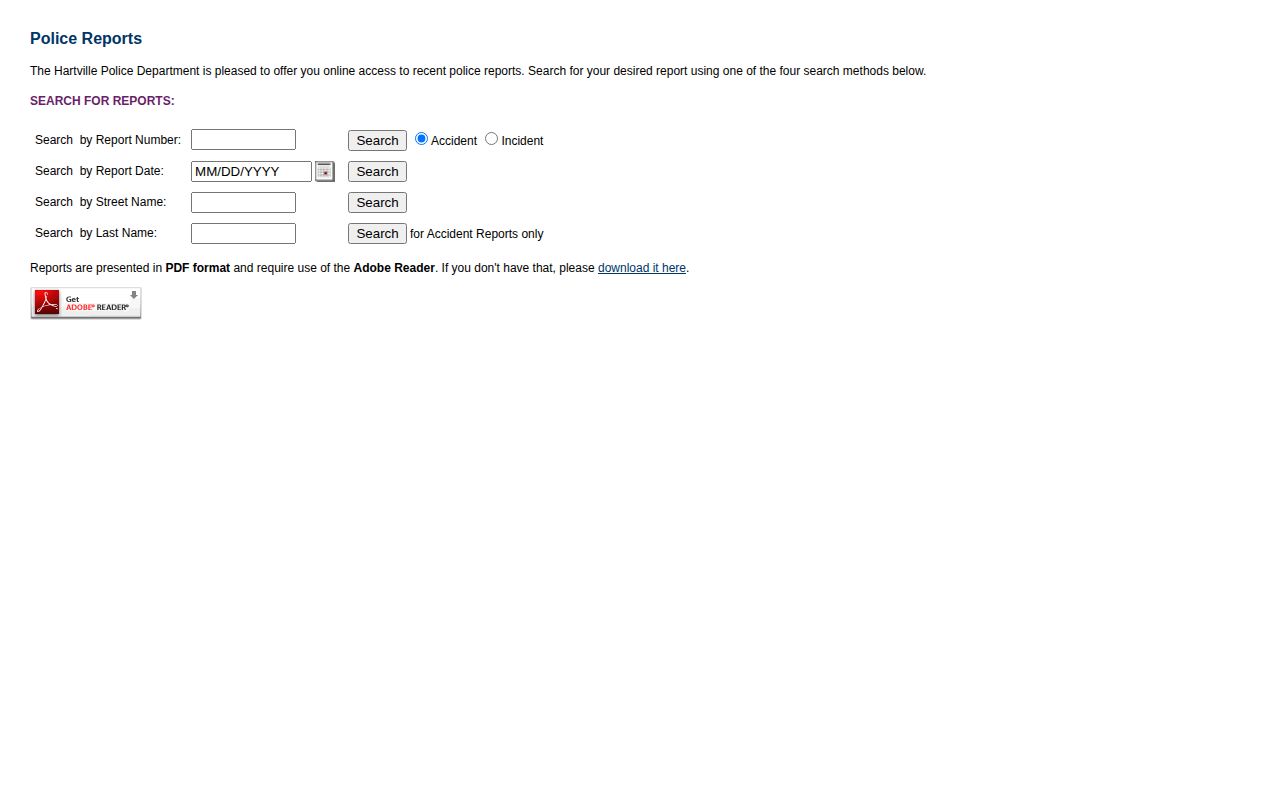 Wright County Hartville Police Department recent police-report search interface, not a booking record